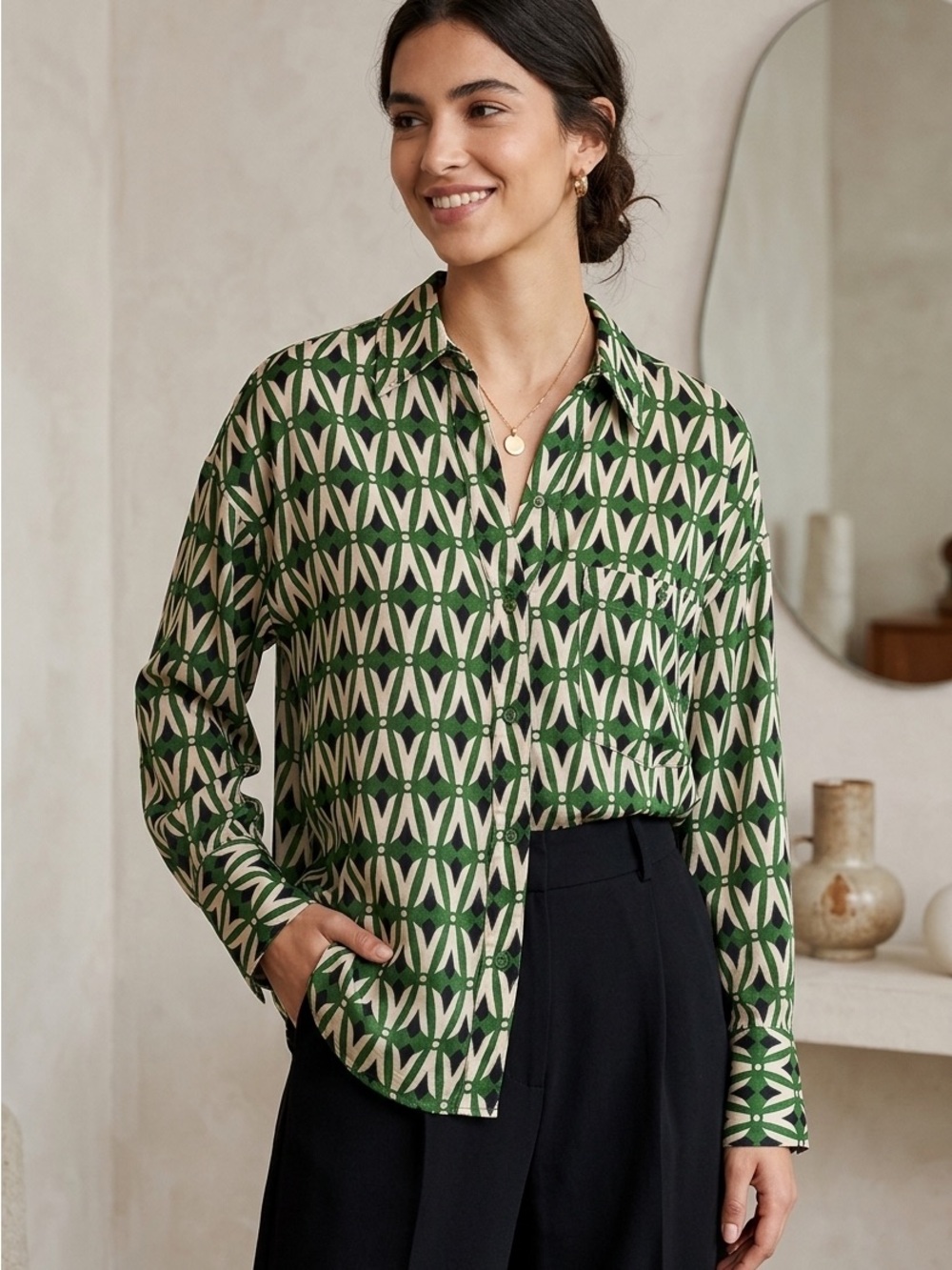 Zara Green and Cream Geometric Print Button-Down Shirt